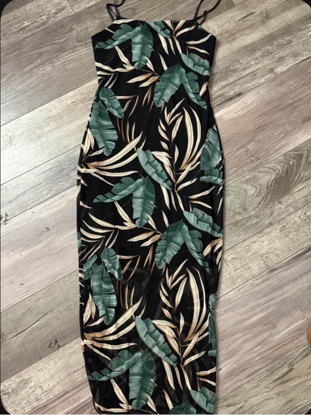 Bluebelle Black Tropical Leaf Midi Slip Dress